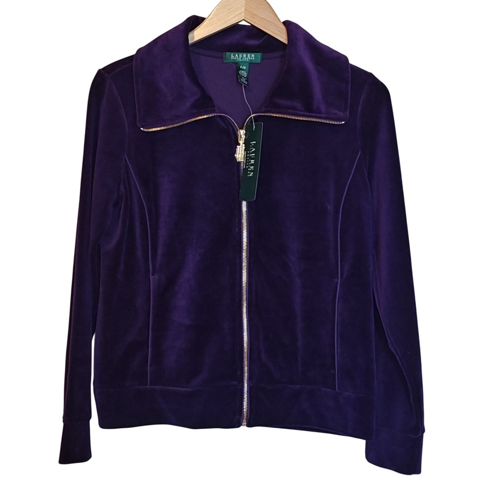 Lauren‎ Ralph Lauren Track Jacket Women PM Purple Velour Full Zip Deep Amethyst